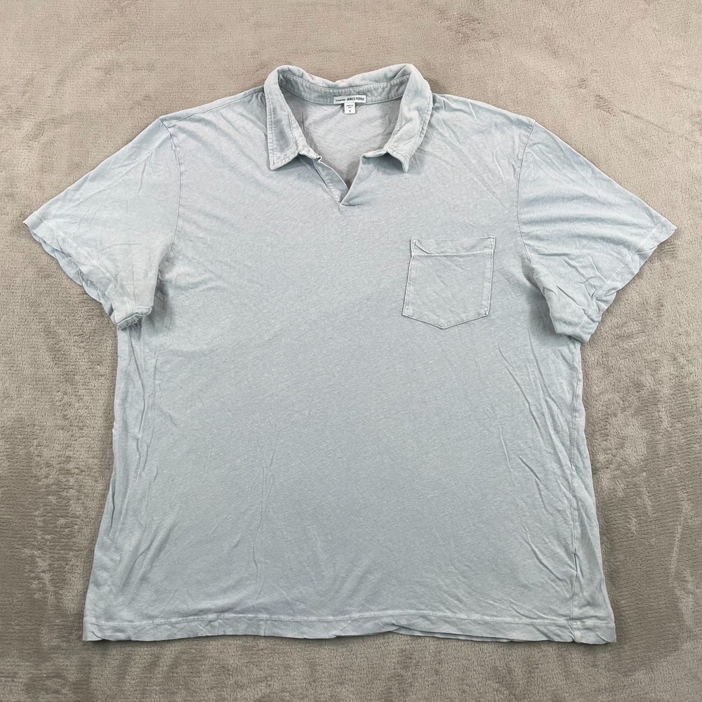 James Perse Open‎ Collar Polo Shirt Men 2XL 5 Sky Blue Linen Blend Slub USA Made